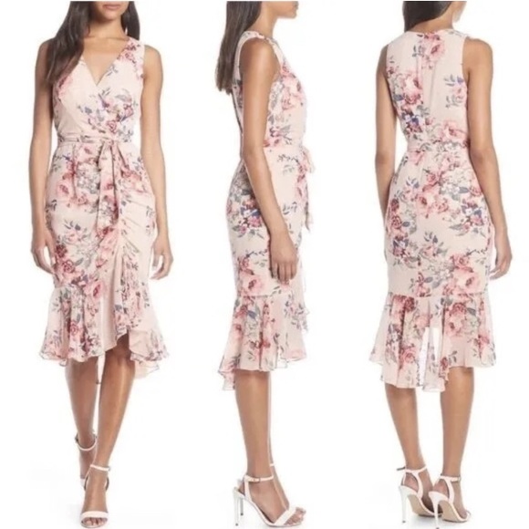 Eliza J Dresses & Skirts - NWT🎀 Eliza J Sleeveless Floral Ruched Chiffon Faux Wrap Dress in Blush Size 6!